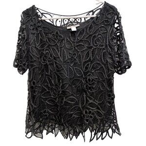 Silken Poetry Fairy Top Womens Large Black Silk Lace Beaded Short Sleeve Holiday